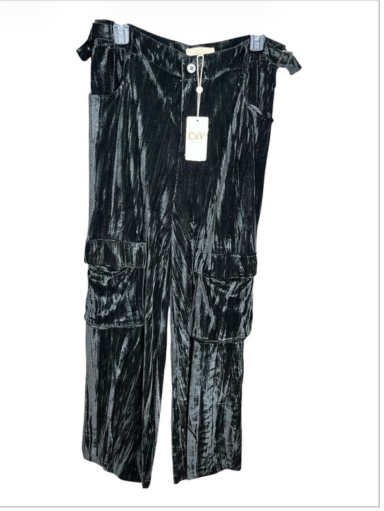 C&V (Cloth & Vine) Pants - NWT C&V Cloth & Vine Black Crushed Velvet Wide Leg Cargo Pants Size M